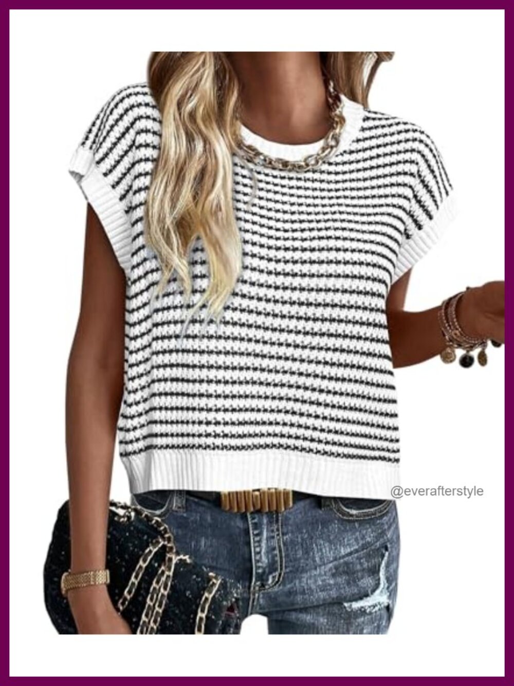 PRETTYGARDEN Striped Knit Sweater Vest Short Sleeve Crew Neck Top Cotton